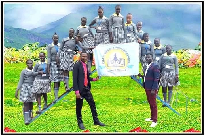 Students holding the school flag